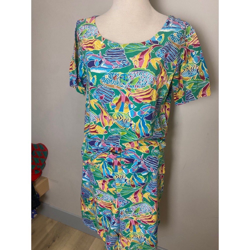 Vintage 90s Tori Richard Tropical Fish Print Shift Dress Green Small Made in USA